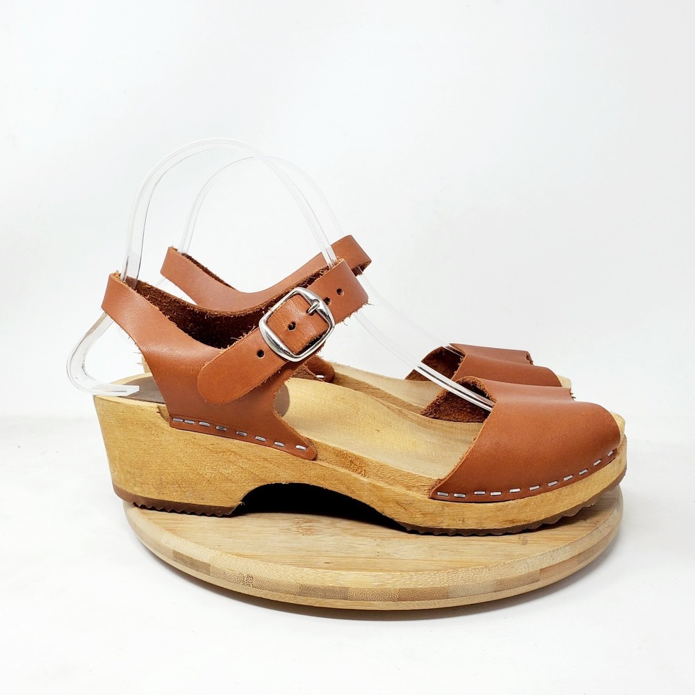 MIA Anja Clogs Womens 39 Brown Leather Ankle Strap Peep Toe Wood Shoes